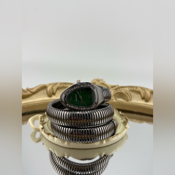 Gunmetal Coil Bracelet Watch with Green Dial โ Statement Stretch Watch - Picture 7 of 10